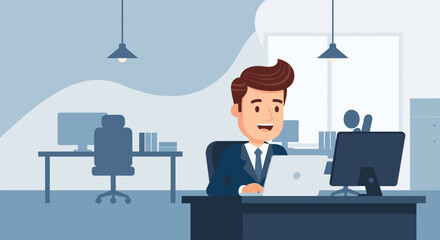 Happy businessman working efficiently on his laptop in a modern office environment, symbolizing productivity, career success, and corporate lifestyle.