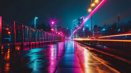Fototapeta premium Neon lights reflect on a wet city street at night