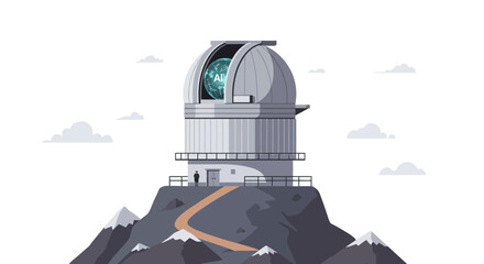An illustration of a large astronomical observatory on a mountain peak, with a blue planet visible inside its dome, under a cloudy sky.