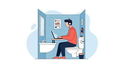 Person works on laptop in bathroom, highlighting remote work, privacy, and finding unconventional spaces for productivity. Modern lifestyle and business concept.