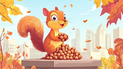 Squirrel gathering autumn nuts