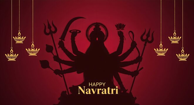 Happy Navratri festival greeting with Goddess Durga silhouette holding trishul, sword and divine weapons, golden hanging diya lamps on red background, spiritual design for Navratri celebration and dev