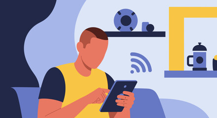 Modern person using a tablet with Wi-Fi connectivity in a smart home, illustrating digital lifestyle, remote work, and technology integration.