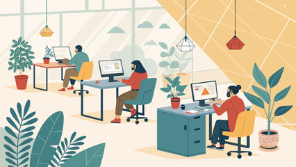 Modern office with diverse team members working diligently on computers, fostering productivity and a collaborative environment. Ideal for business, technology, and lifestyle concepts.