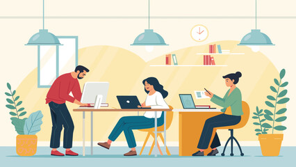 Professionals collaborate in a modern, vibrant office, utilizing technology for productivity and teamwork. Ideal for business, corporate, and lifestyle content.