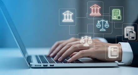 Person typing on laptop with legal and financial icons connected digitally hands
