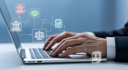 Person typing on laptop with legal and financial icons connected digitally hands