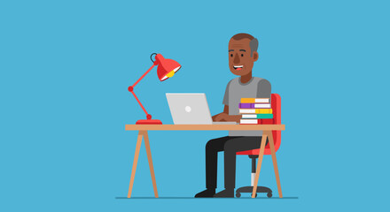 Fototapeta premium Happy senior man works productively on his laptop at a home desk, surrounded by books. Ideal for concepts like remote work, online education, or personal development.