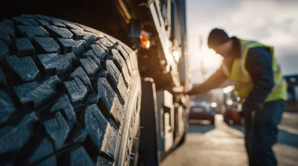 Tableau sur plexiglas Véhicules Medium shot of a technician closely examining a truck tire tread with detailed focus while the vehicles body softly blurs in the background on a sunny day.  © Justlight