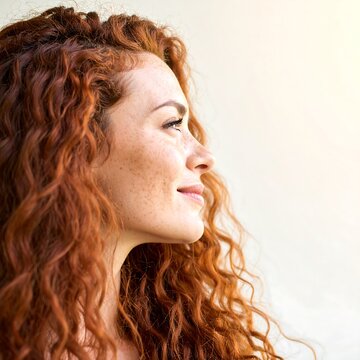 Woman with curly red hair profile view