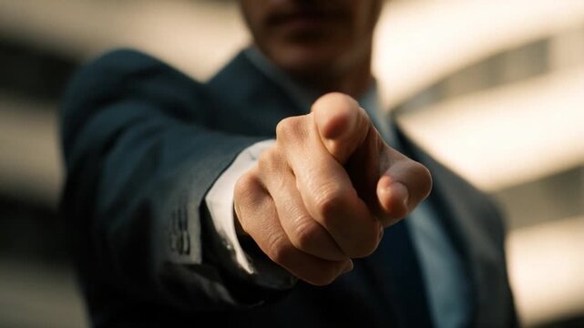 Confident Professional's Pointing: A focused business individual, embodying authority and precision, directs attention forward with a firm, decisive finger in a modern professional environment. 