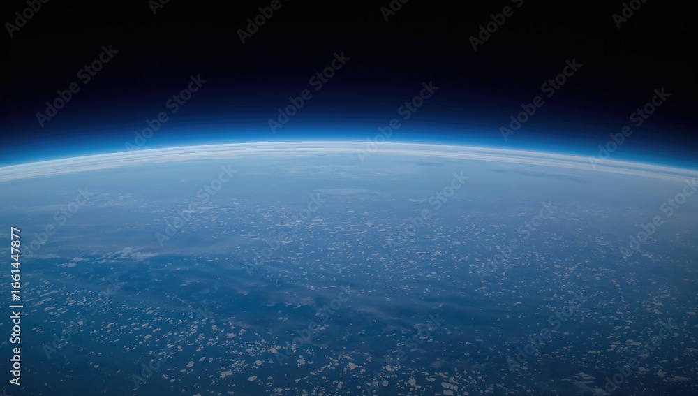 Poster vast view of earth from space showing the curvature of the planet and a starry atmosphere