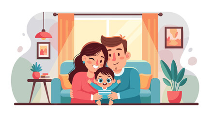 A joyful family with a baby on a couch, depicting happy home life and loving parenthood. Ideal for concepts of family, care, and togetherness.