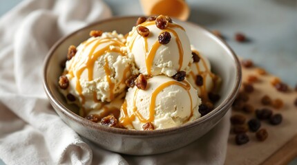 Homemade rum and raisin ice cream with Caribbean rum and juicy raisins (Jamaican Cuisine)