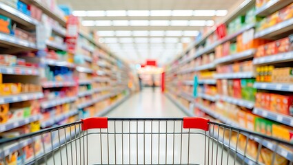 Perspective View Down a Supermarket Aisle Filled with Products from the Perspective of a Shopping Cart