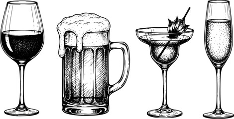 Set of sketched silhouettes La dolce vita italian sicily Amalfi style. Hand drawn ink line wine, beer, cocktail or champagne drawings. Sketch style bar or party Illustrations for wedding invitations, 