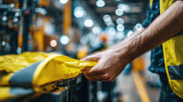 Medium shot of a worker adjusting a highvisibility vest with blurred factory machinery in the background highlighting PPE compliance in workplace safety standards.