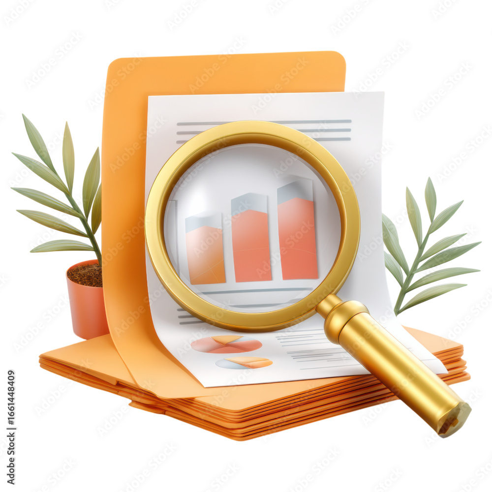 Poster business analysis concept with magnifying glass focusing on charts and graphs in folder surrounded b