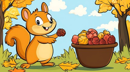 Squirrel holding nut autumn scene