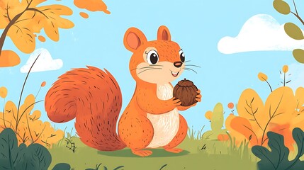 Squirrel holding nut autumn illustration
