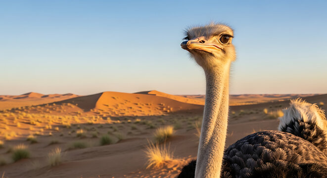 A close-up portrait of an ostrich in the desert with sand dunes in the background during golden hour.