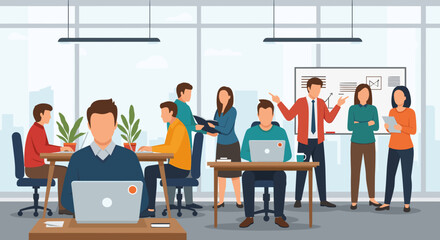 Diverse business professionals collaborate in a modern open office, working on laptops and discussing projects, symbolizing teamwork, productivity, and a dynamic work environment.