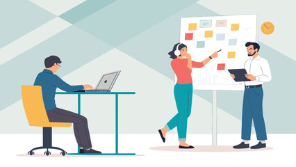 Collaborative business team in an office. A woman presents ideas on a whiteboard to a colleague, while another works on a laptop, showing teamwork and project development.