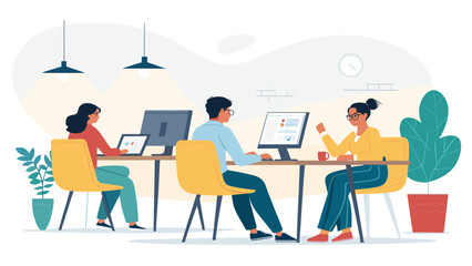 Diverse team of professionals working and collaborating at desks with computers in a modern, open office. Highlights teamwork, productivity, and a contemporary corporate setting.