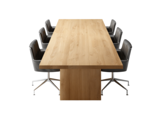 Modern oak conference table with black leather chairs, Isolated On Transparent Background