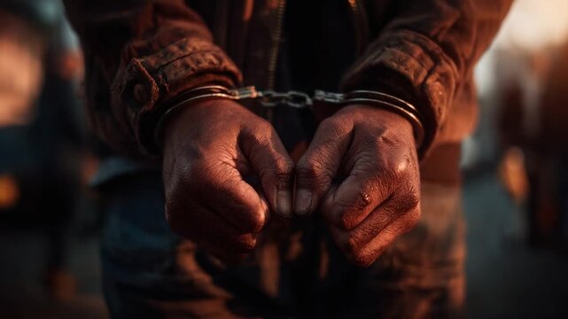 In Chains of Consequence: A poignant depiction of hands clasped in metal handcuffs, conveying themes of imprisonment and adversity.