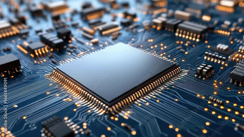 Poster high tech circuit board featuring microchip and electronics components with intricate design details