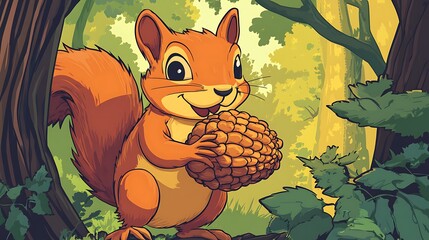 Squirrel holding nut cartoon illustration