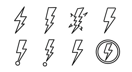 Lightning bolt icon set for weather apps and energy company branding, bold and modern design elements