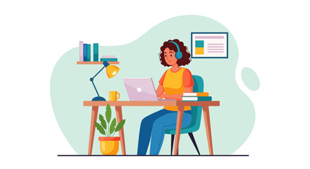 Happy woman in headphones uses laptop at home desk. Perfect for remote work, online learning, productivity, and modern lifestyle concepts.