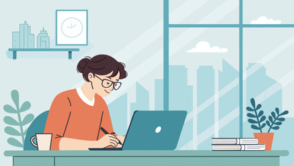 Focused woman working remotely on laptop with stylus in a modern urban home office, showcasing productivity and creative professional lifestyle.