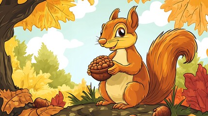Squirrel holding nut autumn scene