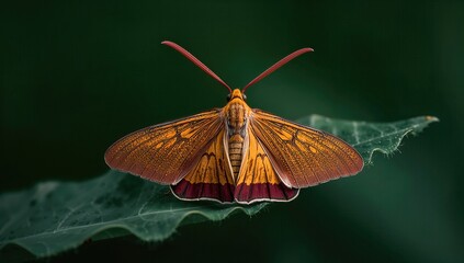 Close-up of a vibrant orange moth with intricate patterns resting on a green leaf, showcasing natural beauty