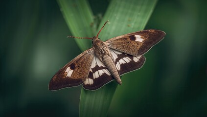 Obraz premium Close-up view of a brown and white patterned butterfly resting on green leaves, showcasing intricate details of wings