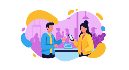 People making secure, contactless payments with mobile phones at a service counter, highlighting modern digital transaction technology.