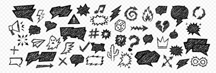 Crayon talk speech bubble with a crayon text box and doodle chalk balloon in isolated vector form. Crayon talk elements include arrows, clouds, signs, sketch icons and comic chat boxes.