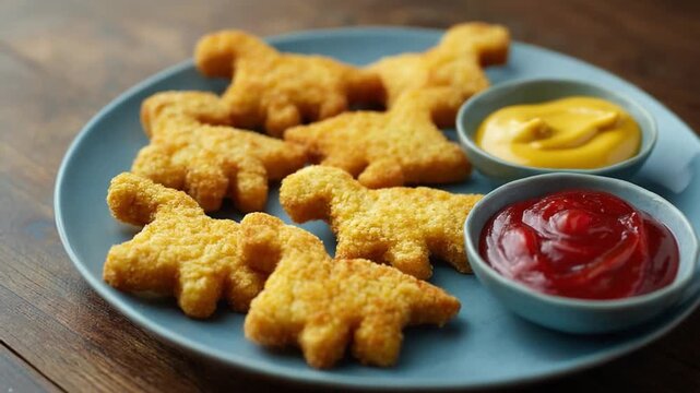 Dino Nuggets Delights: A close-up shot of a plate of golden dinosaur-shaped nuggets, ready to enjoy with vibrant, complementary dipping sauces
