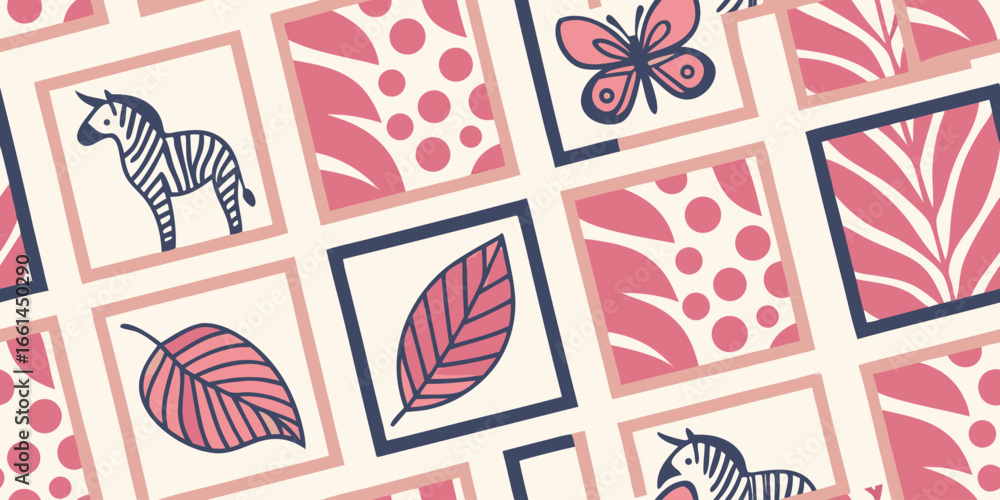 Poster bohemian style pattern with animals and nature motifs zebra