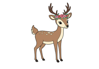Cute Cartoon Deer with Flower Crown Illustration png, isolated on transparent background