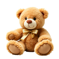 Obraz premium A fluffy brown teddy bear with a light yellow bow sits patiently isolated on transparent background