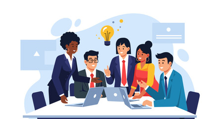 Diverse business team collaborating during a meeting, exchanging ideas and working on laptops. Ideal for themes of teamwork, innovation, and modern office productivity.