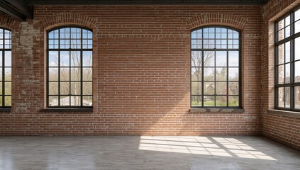 Fototapeta premium Interior of a Bright Loft with Brick Walls and Large Windows Framing Nature Views.