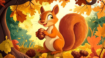 Squirrel holding pinecone autumn woodland