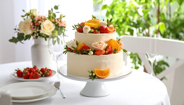 Elegant Fruit  Floral Cake on Table with Celebrating Wedding or Event Indoors.