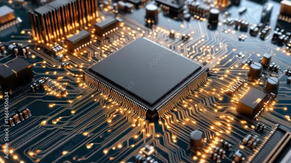 Poster high tech circuit board featuring glowing microchip technology and advanced electronics connections