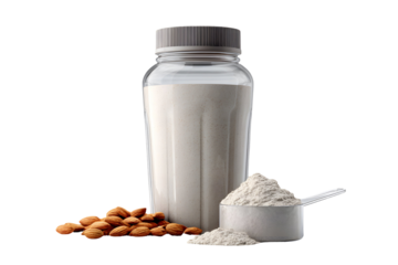 Almond milk presentation with a scoop of powder and almonds on transparent background